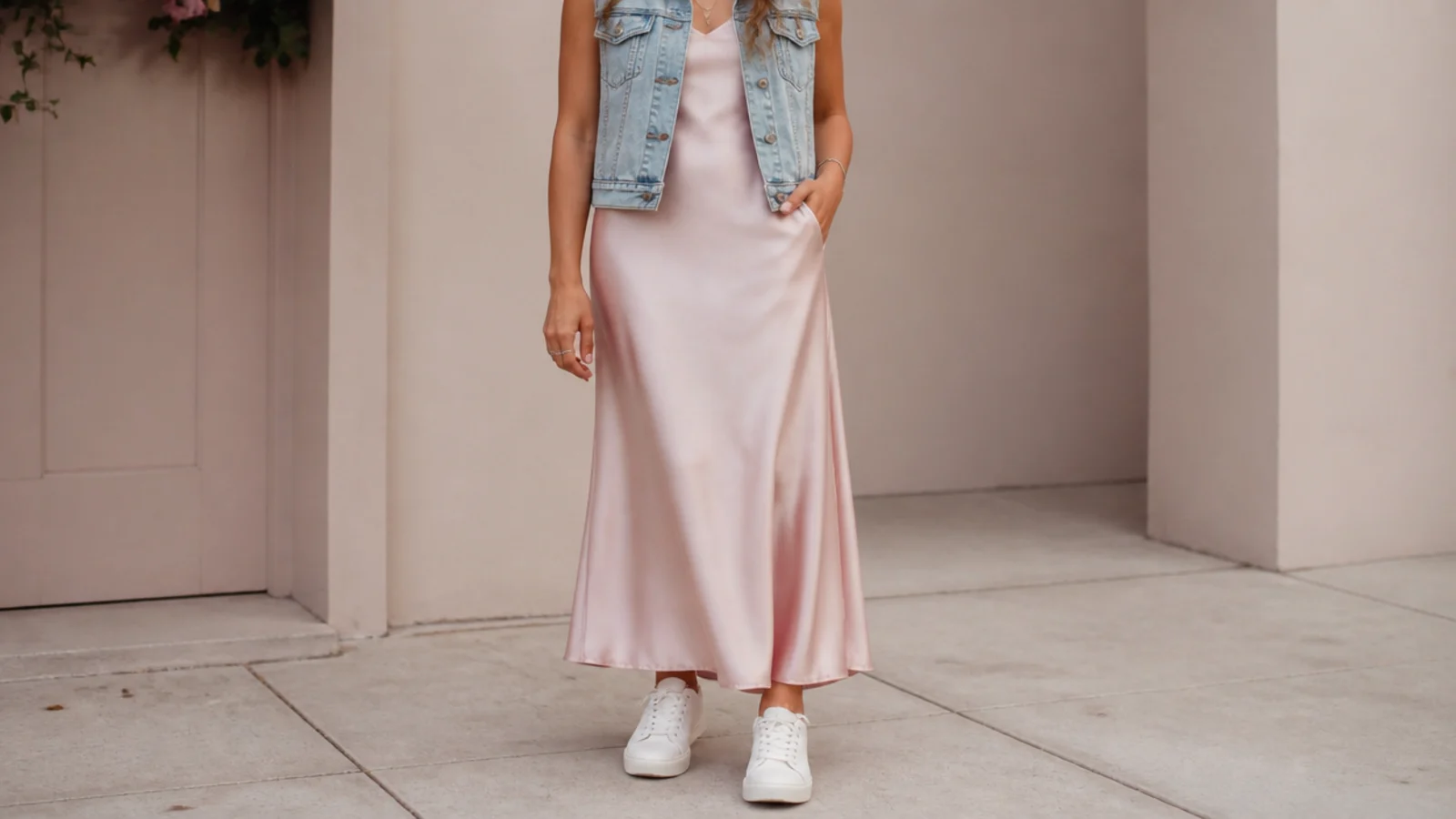 Faceless full-length shot of a denim vest over a satin midi slip dress with white sneakers