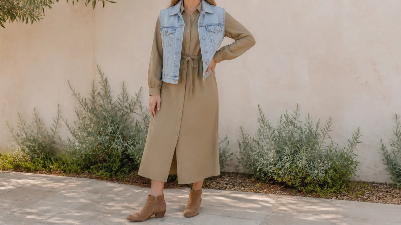 Faceless full-length shot of a denim vest over a khaki shirt dress with tan ankle boots