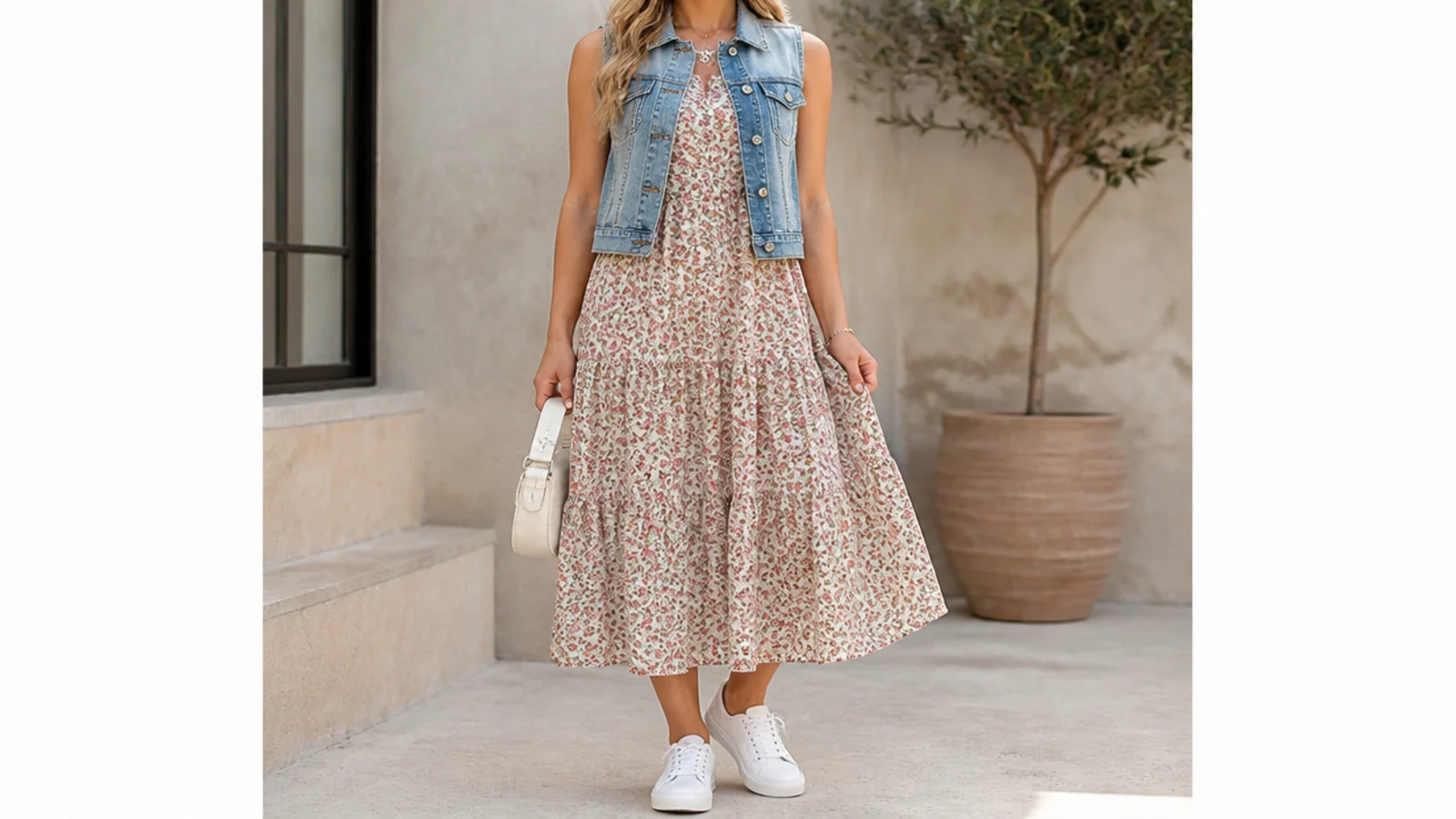 Faceless full-length shot of a cropped denim vest over a ditsy floral midi dress with white sneakers