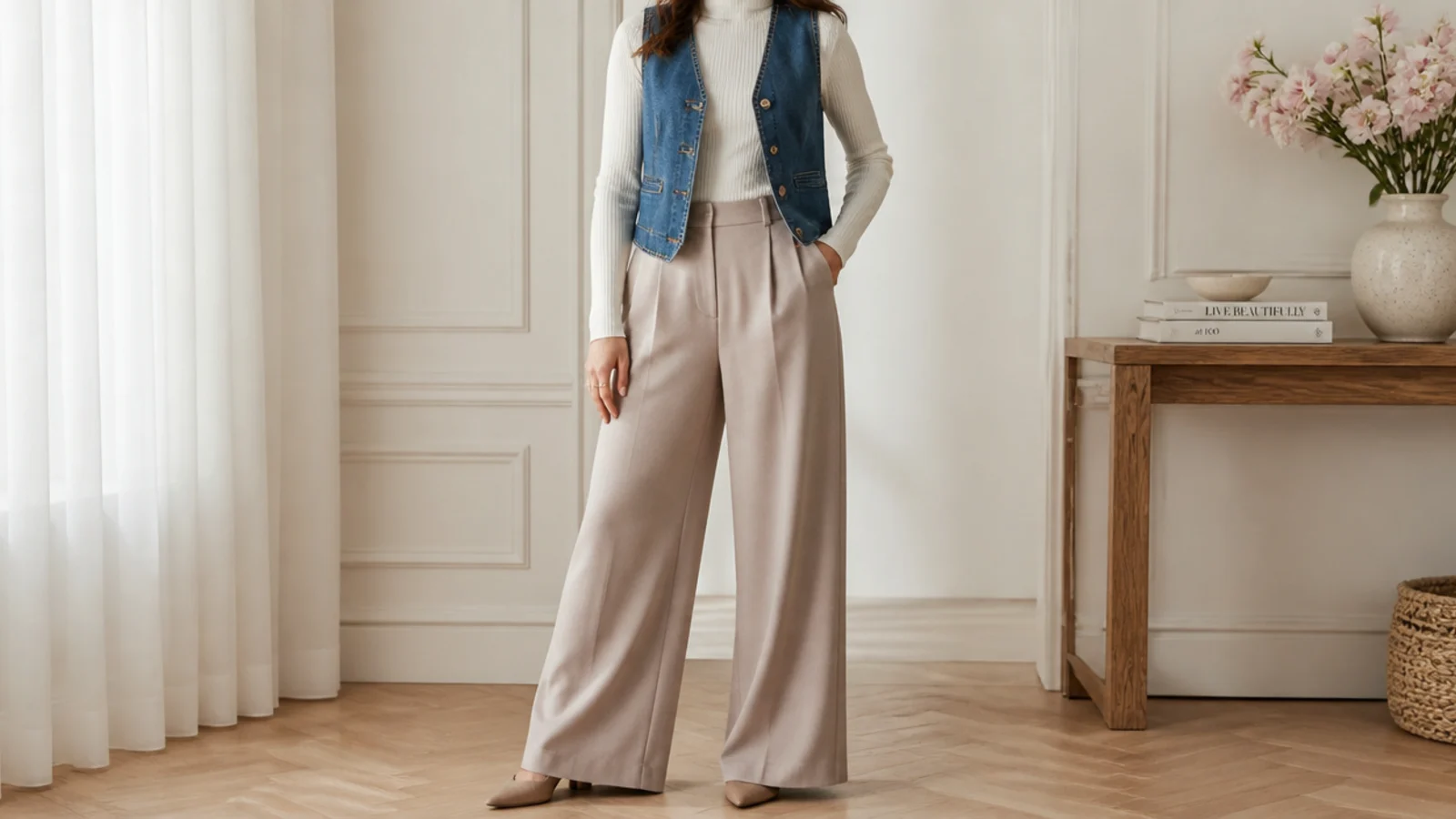 Faceless waist-up shot of a denim vest over a slim cream ribbed turtleneck with wide-leg trousers