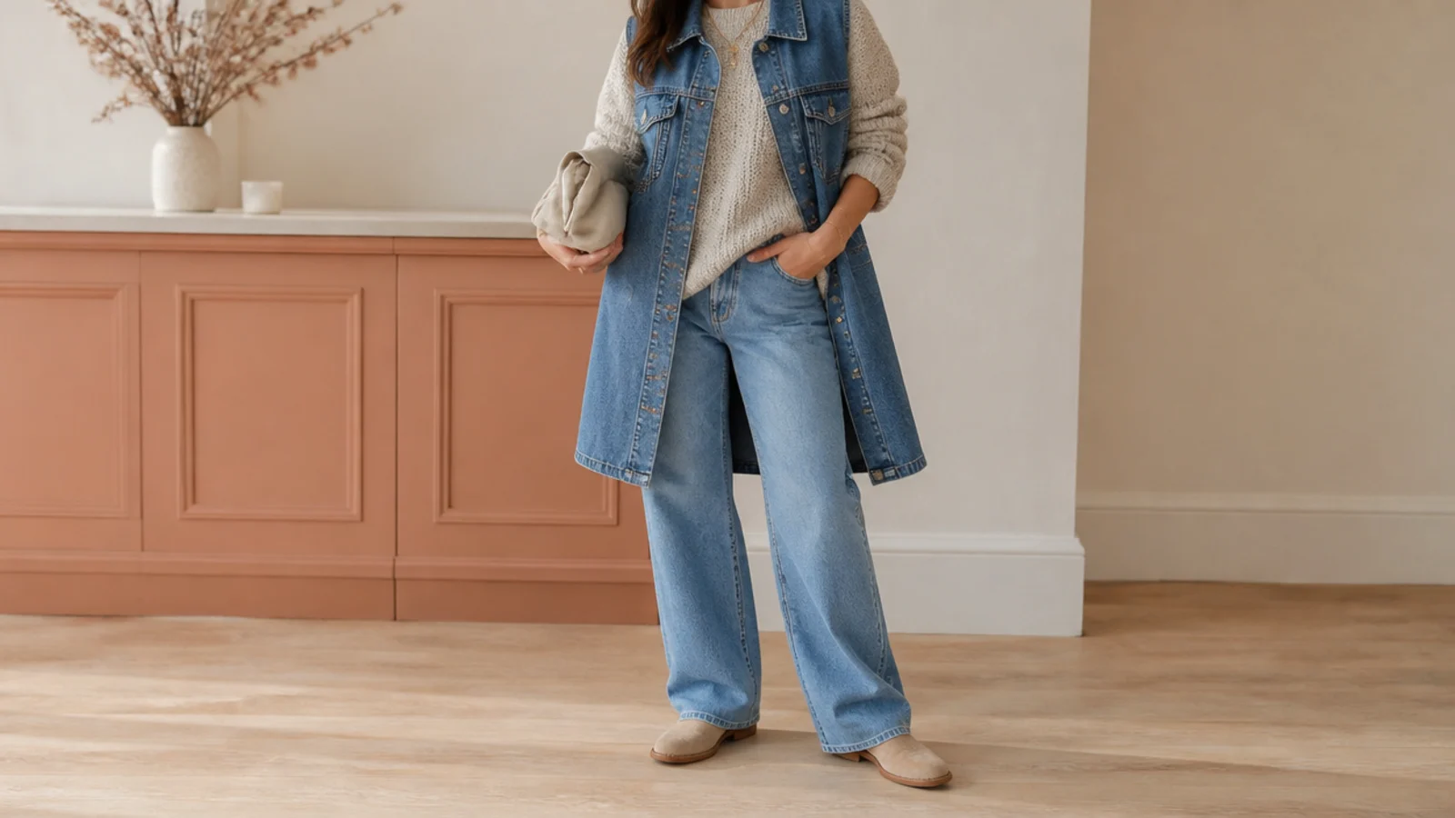 Faceless waist-up shot of a longline denim waistcoat over an oatmeal chunky knit with straight jeans