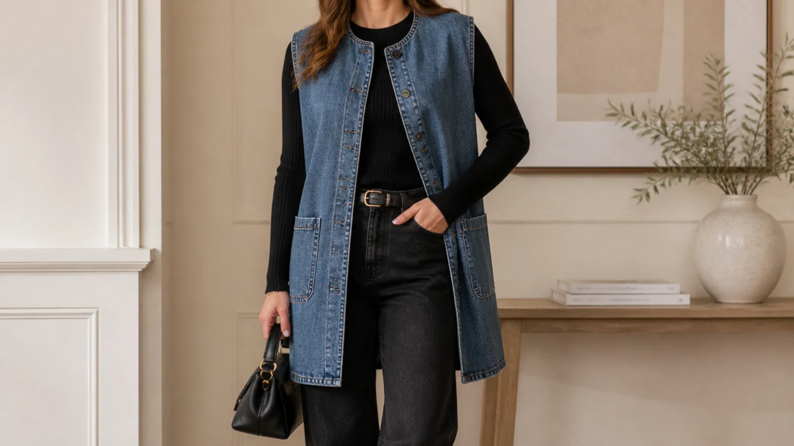 Faceless waist-up shot of a longline denim waistcoat over a fine-gauge black sweater with black jeans