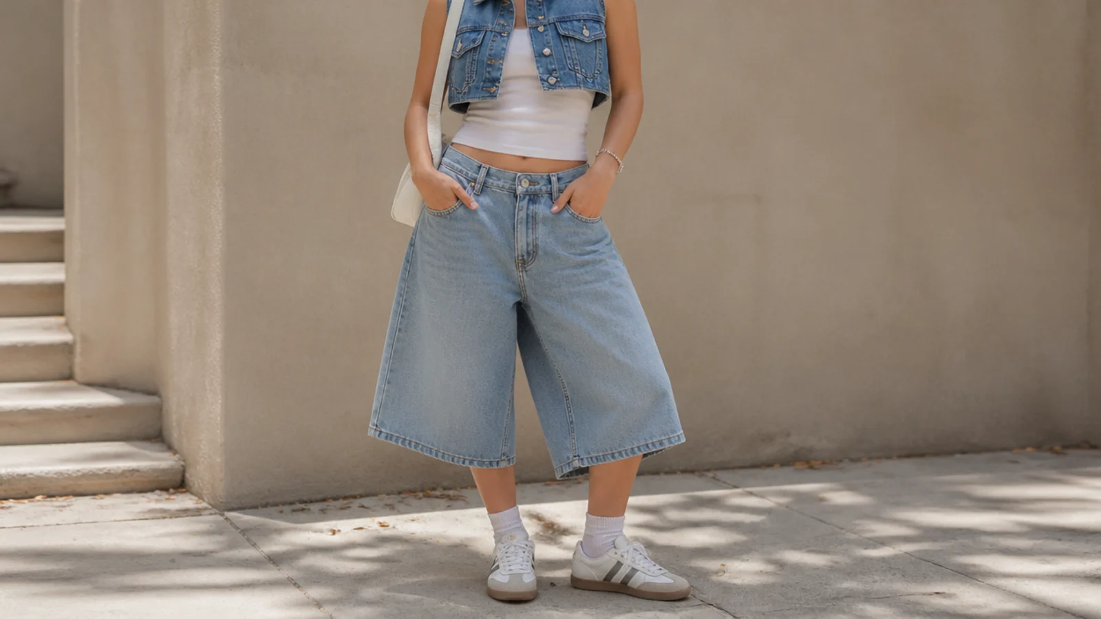 Faceless full-length shot of a cropped denim vest over a white tank with long baggy jorts and sneakers