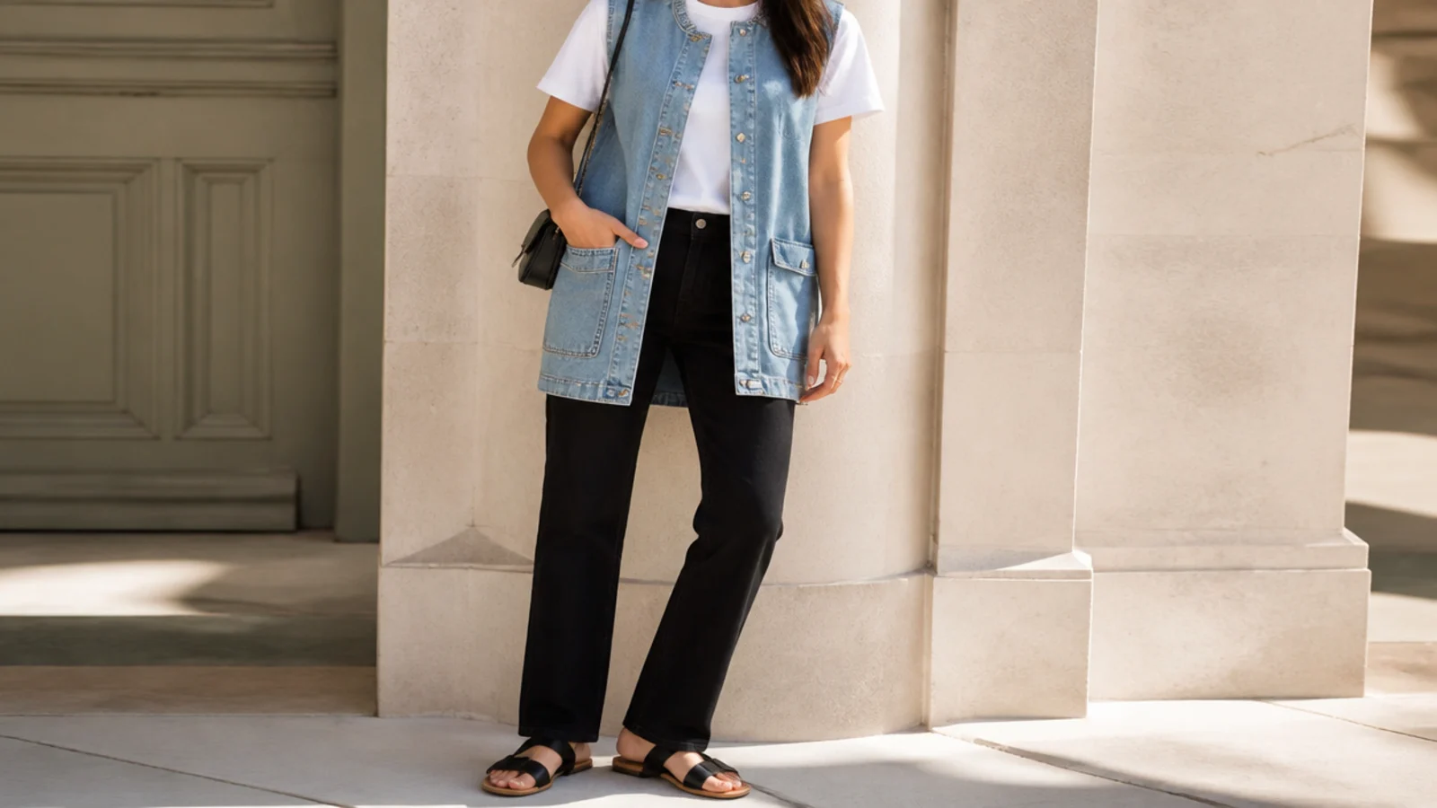 Faceless full-length shot of a longline light-wash denim waistcoat over a white tee with black straight-leg jeans
