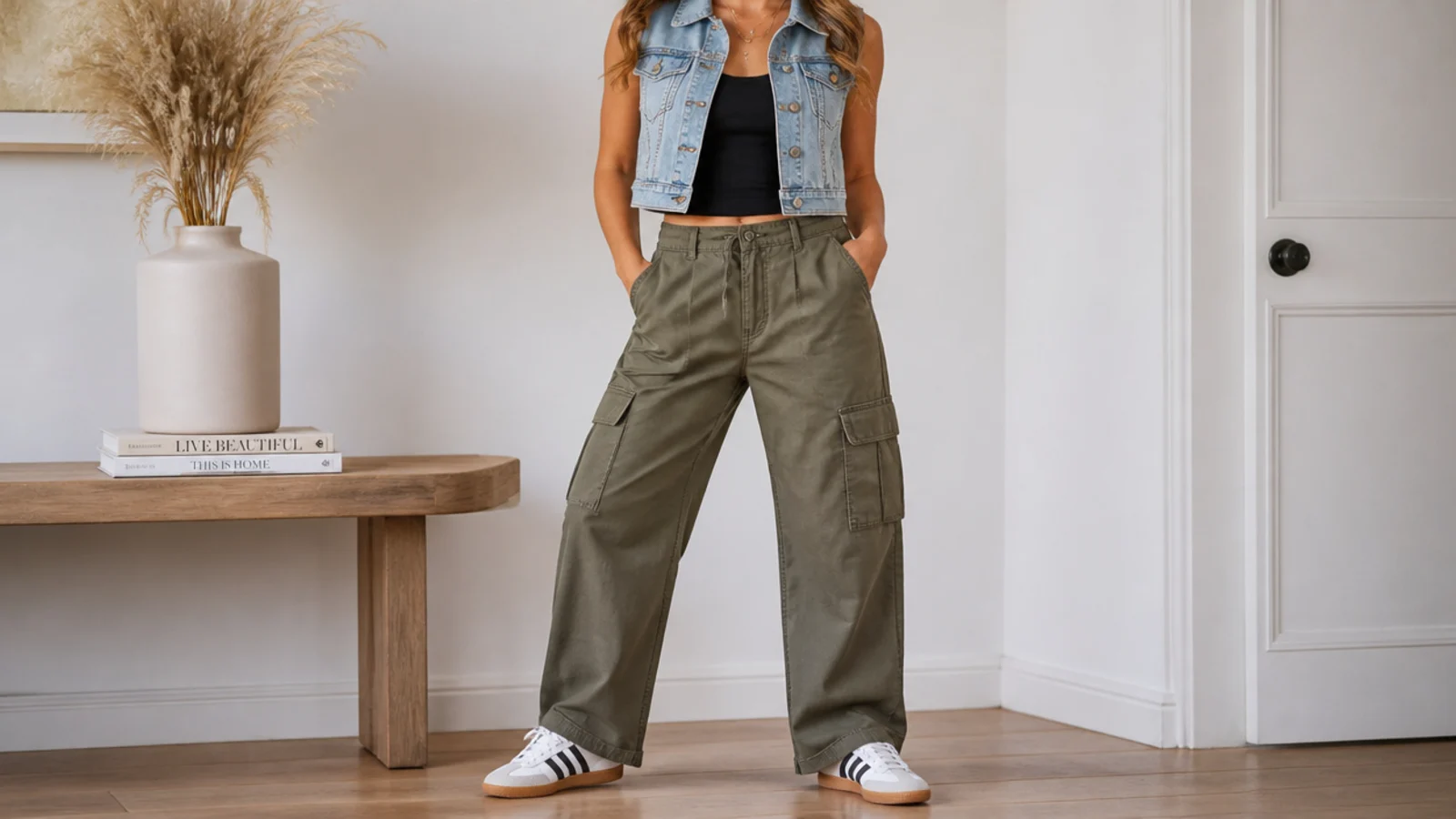 Faceless full-length shot of a cropped denim vest over a black tank with olive cargo pants and sneakers