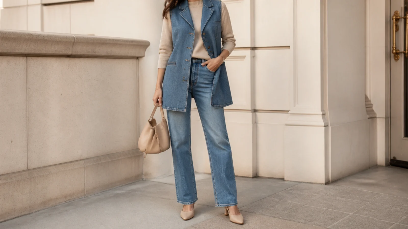 Faceless 2026 outfit with a tailored longline denim waistcoat over a fine knit and straight-leg jeans
