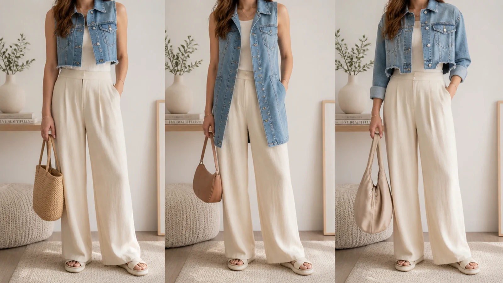 Faceless flat-lay comparing a cropped raw-hem denim vest, a longline tailored denim waistcoat and a cut-off denim jacket