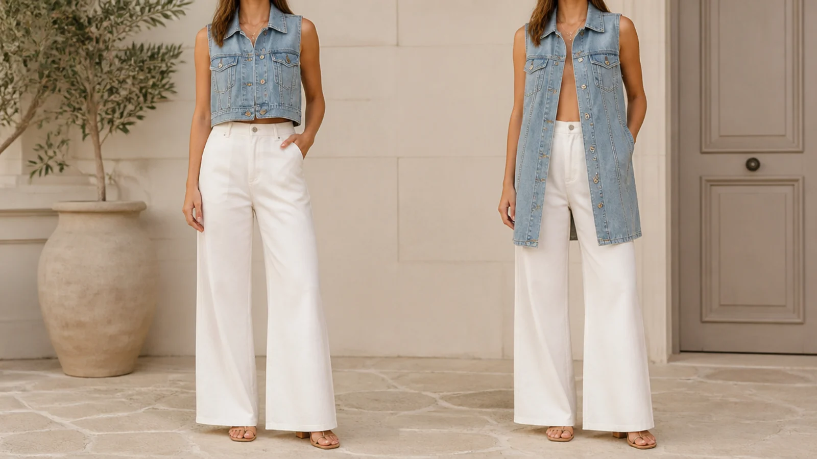 Faceless side-by-side of a cropped denim vest and a longline denim waistcoat showing where each hem lands