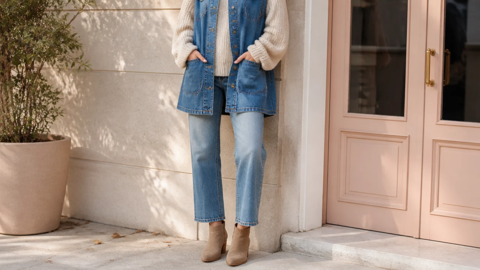 Faceless fall outfit with a longline denim waistcoat over a chunky knit, straight jeans and ankle boots