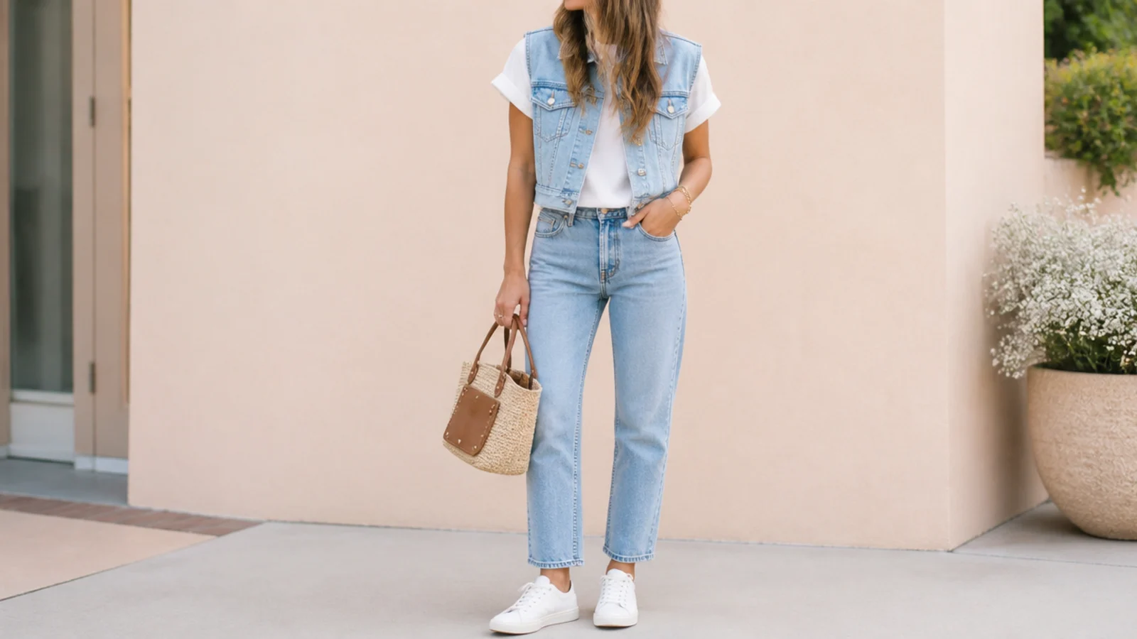 Faceless denim vest outfit with a cropped light-wash vest over a white tee and straight-leg jeans