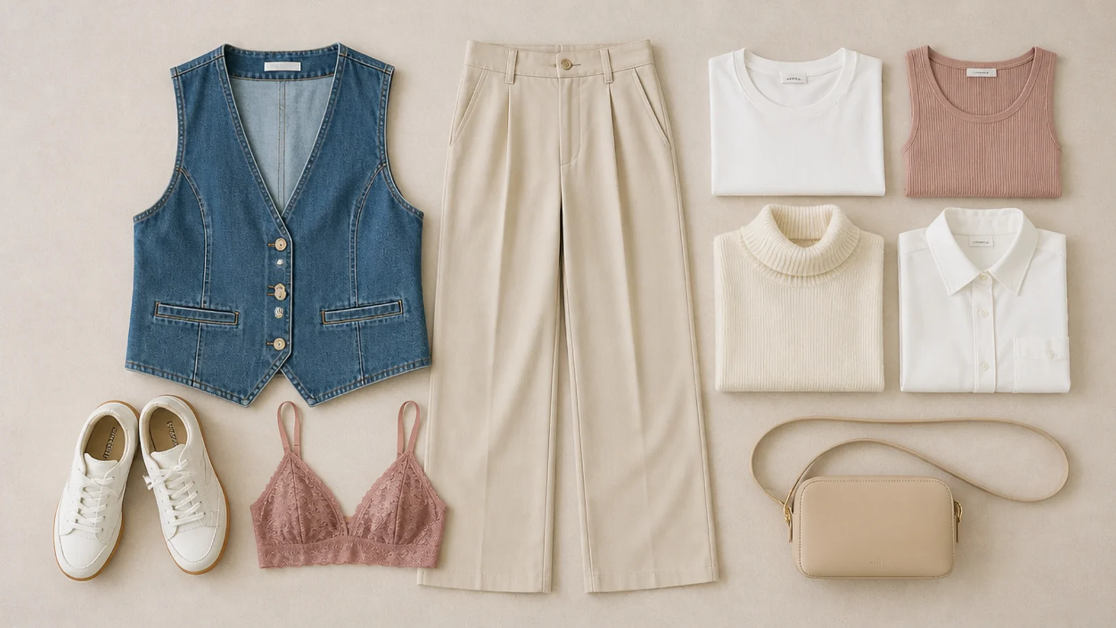 Faceless flat-lay of a white tee, ribbed tank, cream turtleneck, white button-down and a bralette beside a denim vest