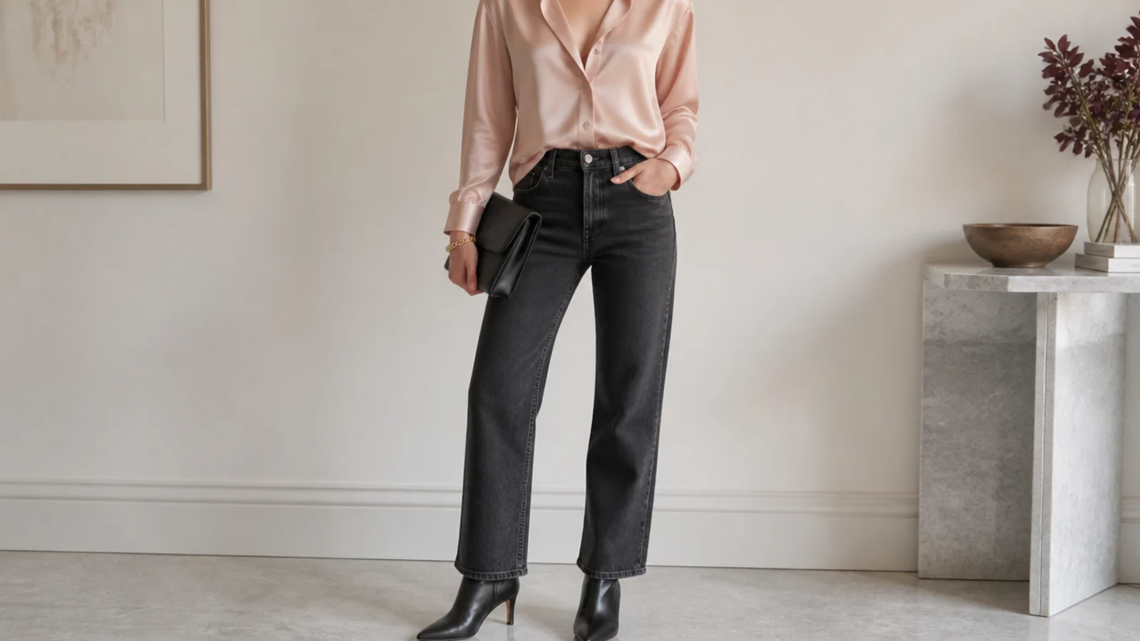 Faceless dinner outfit with dark straight-leg jeans, a silk blouse and heeled black ankle boots