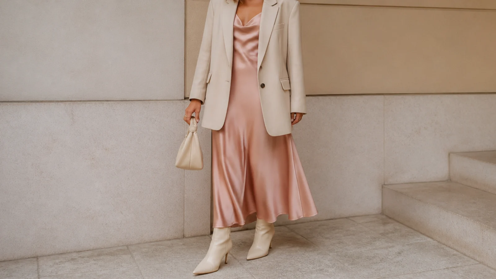 Faceless dinner outfit with a satin slip dress, an oversized blazer and pointed heeled ankle boots