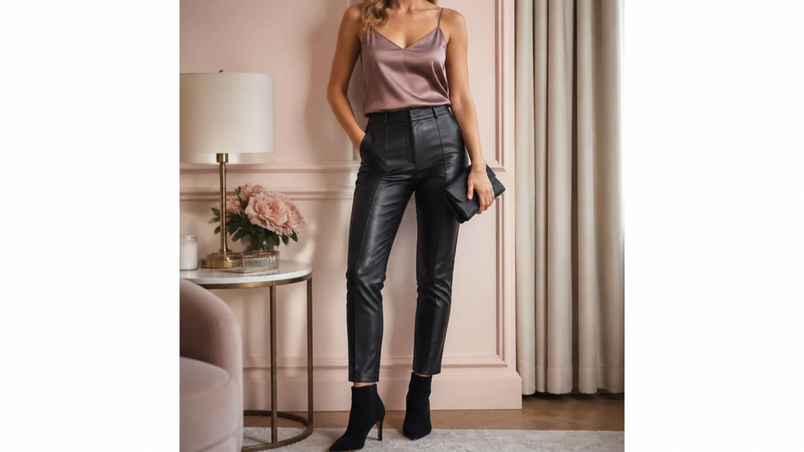 Faceless night-out outfit with slim faux-leather trousers, a satin cami and black suede heeled ankle boots