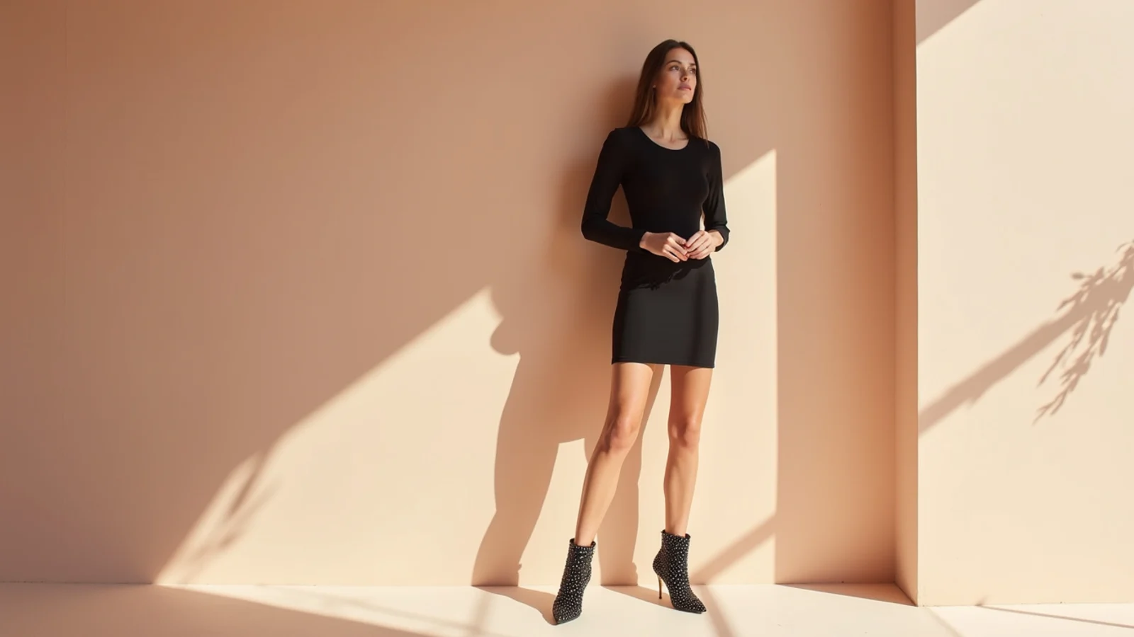 Faceless bar outfit with a black bodycon mini dress and sparkly embellished heeled ankle boots