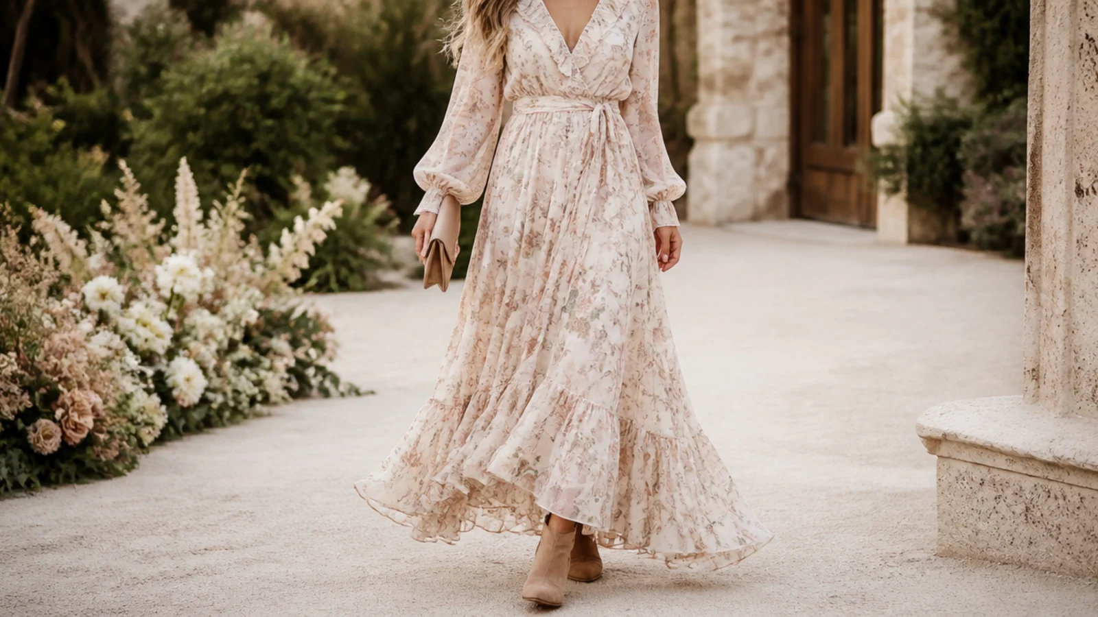 Faceless outdoor wedding outfit with a flowing chiffon maxi dress and tan heeled ankle boots peeking at the hem