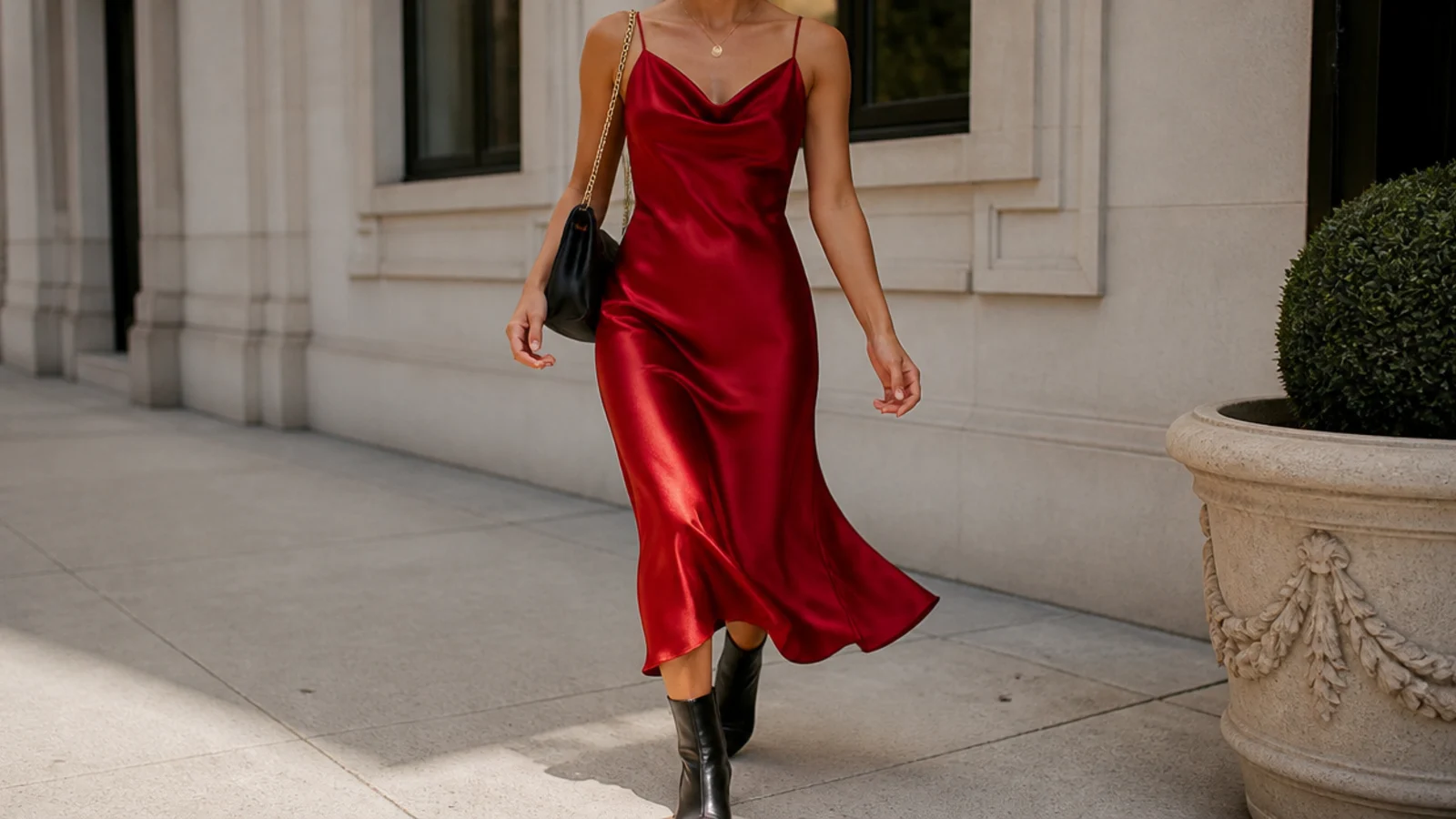 Faceless night-out outfit with a red satin slip midi dress and black pointed heeled ankle boots
