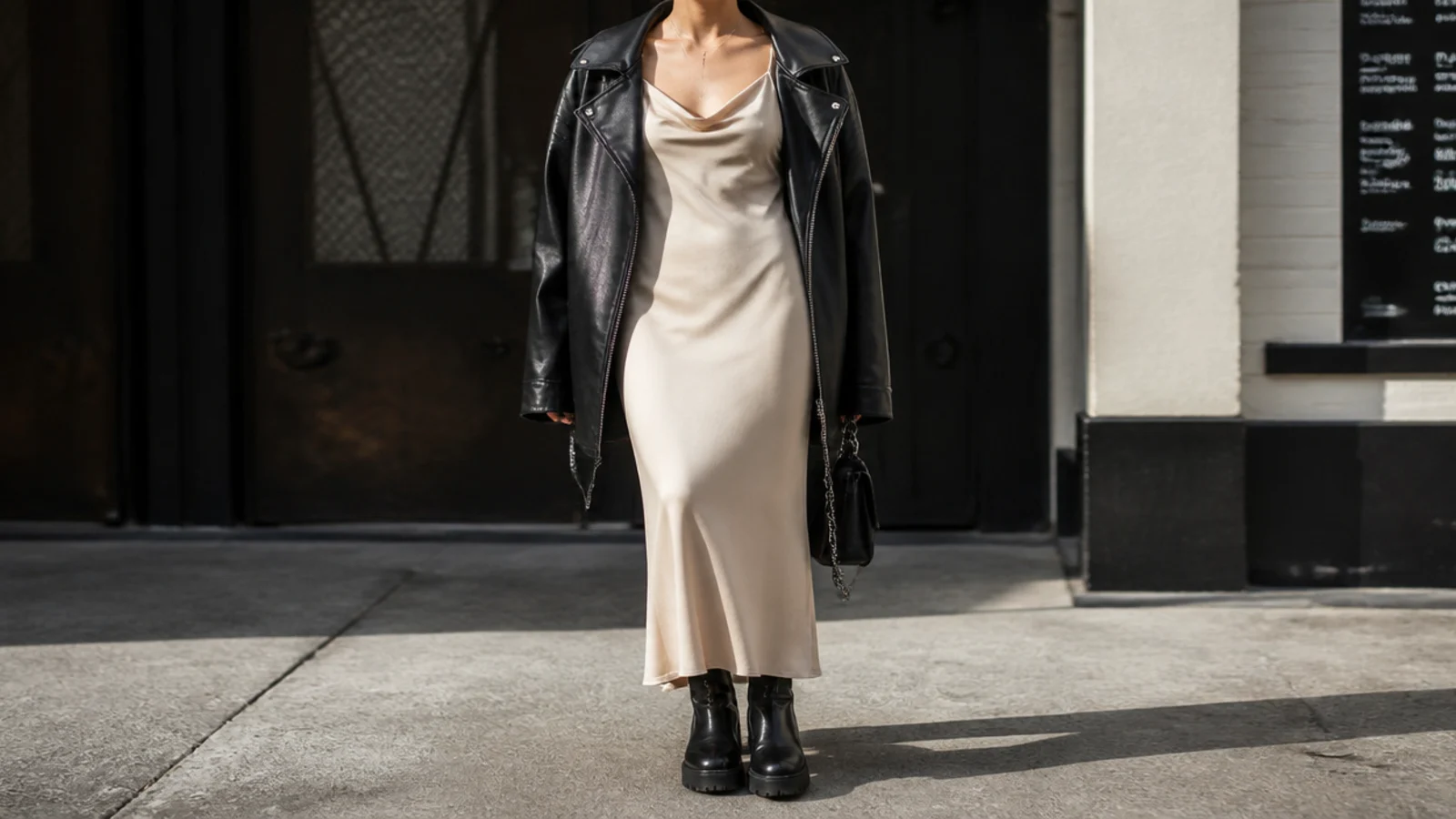 Faceless concert outfit with a slip dress, a black leather jacket and chunky lug-sole ankle boots