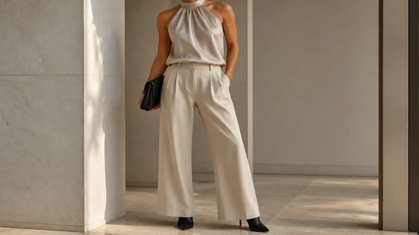 Faceless dinner outfit with fluid wide-leg trousers, a satin halter top and heeled black ankle boots