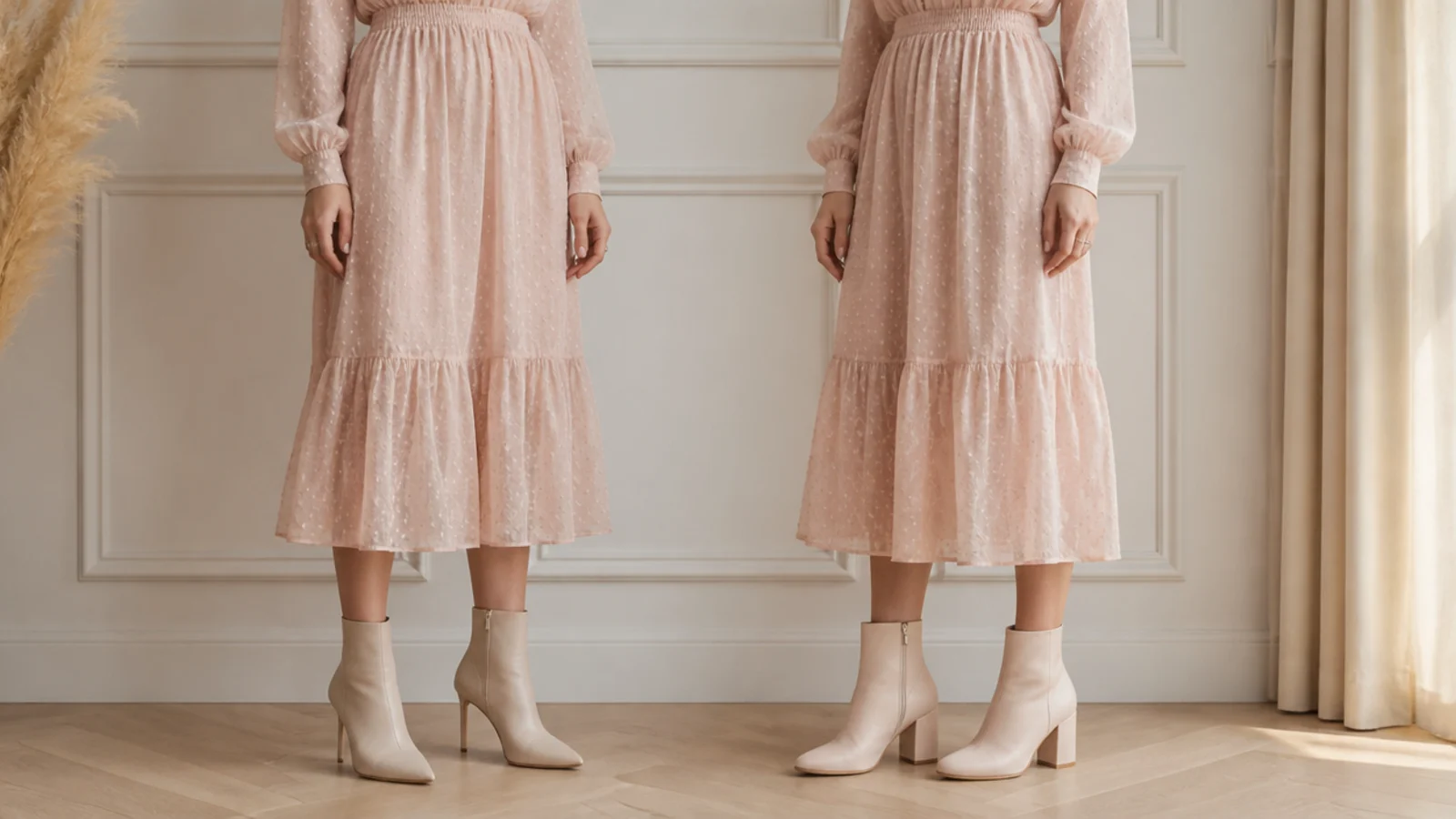 Faceless comparison of a stiletto heeled ankle boot beside a block-heel ankle boot under a dress