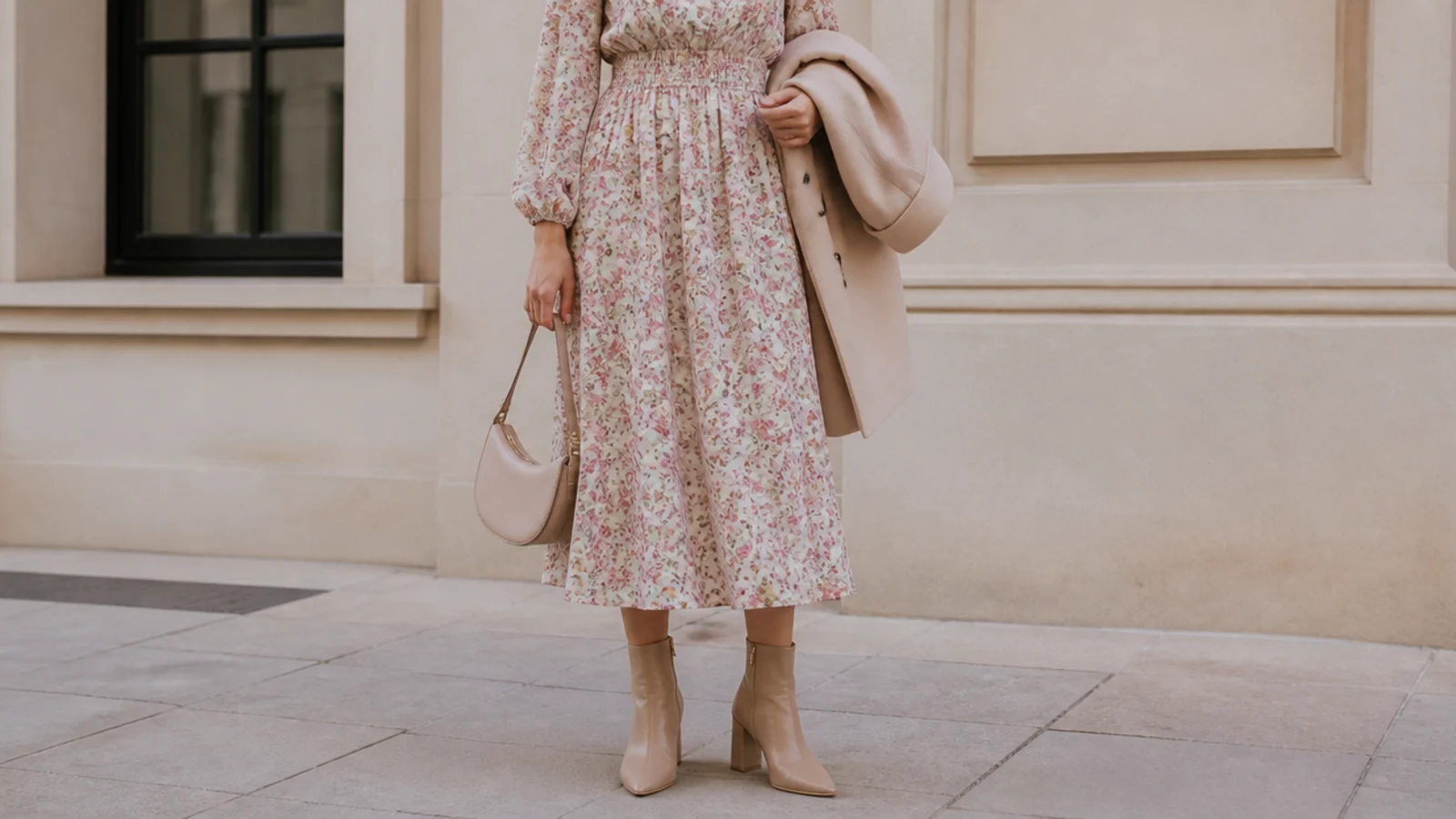 Faceless diagram-style shot showing a midi dress hem ending at the slimmest part of the calf above an ankle boot