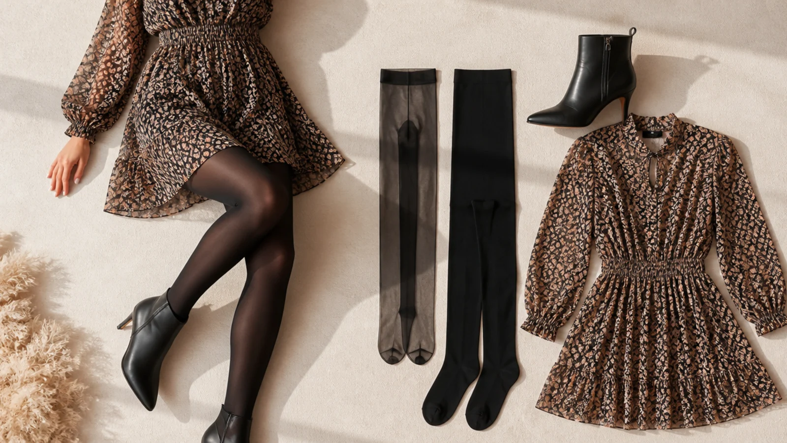 Faceless flat-lay of sheer and opaque black tights laid beside a pointed heeled ankle boot and a dress
