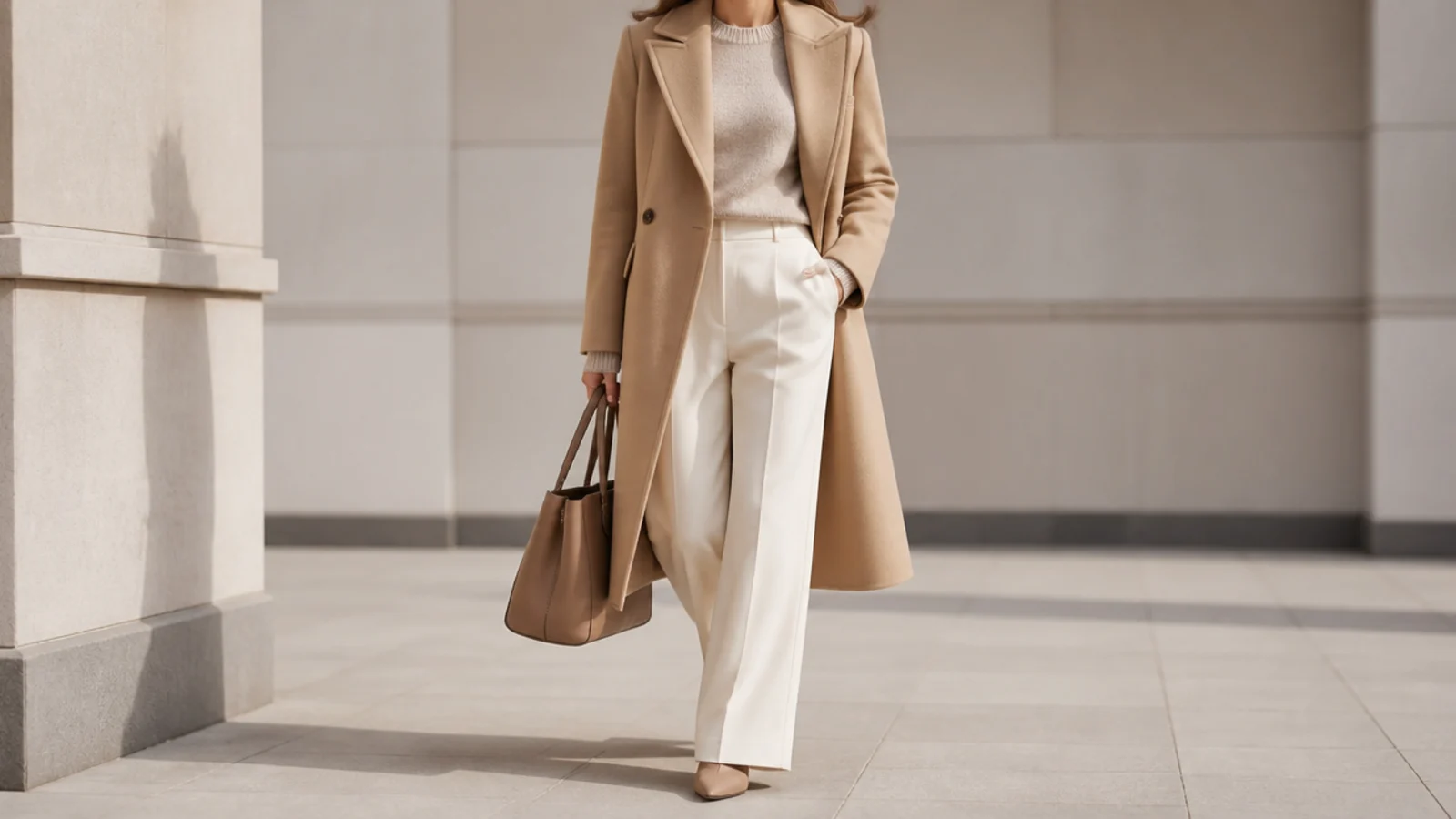 Faceless outfit with a camel wool coat, cream wool trousers and an oatmeal cashmere knit for a client meeting