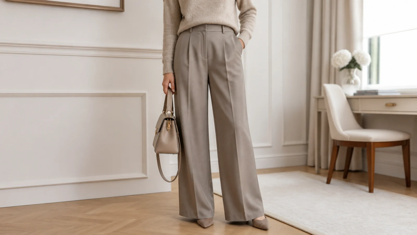 Faceless office outfit with an oatmeal cashmere sweater tucked into taupe wide-leg wool trousers