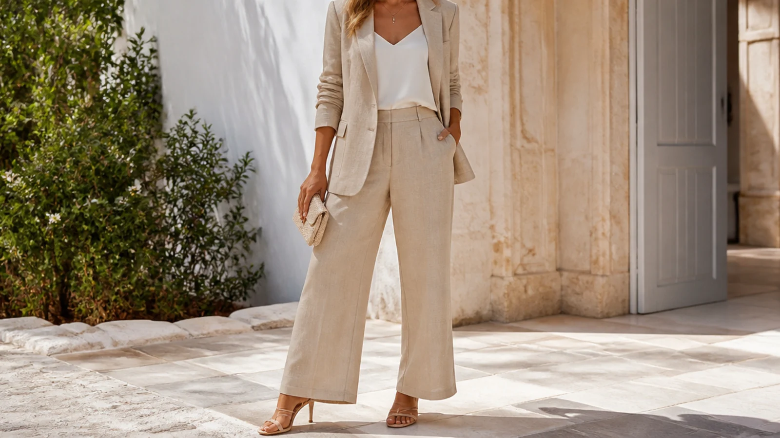 Faceless summer wedding guest outfit with a sand linen blazer and matching wide trousers over a cream cami