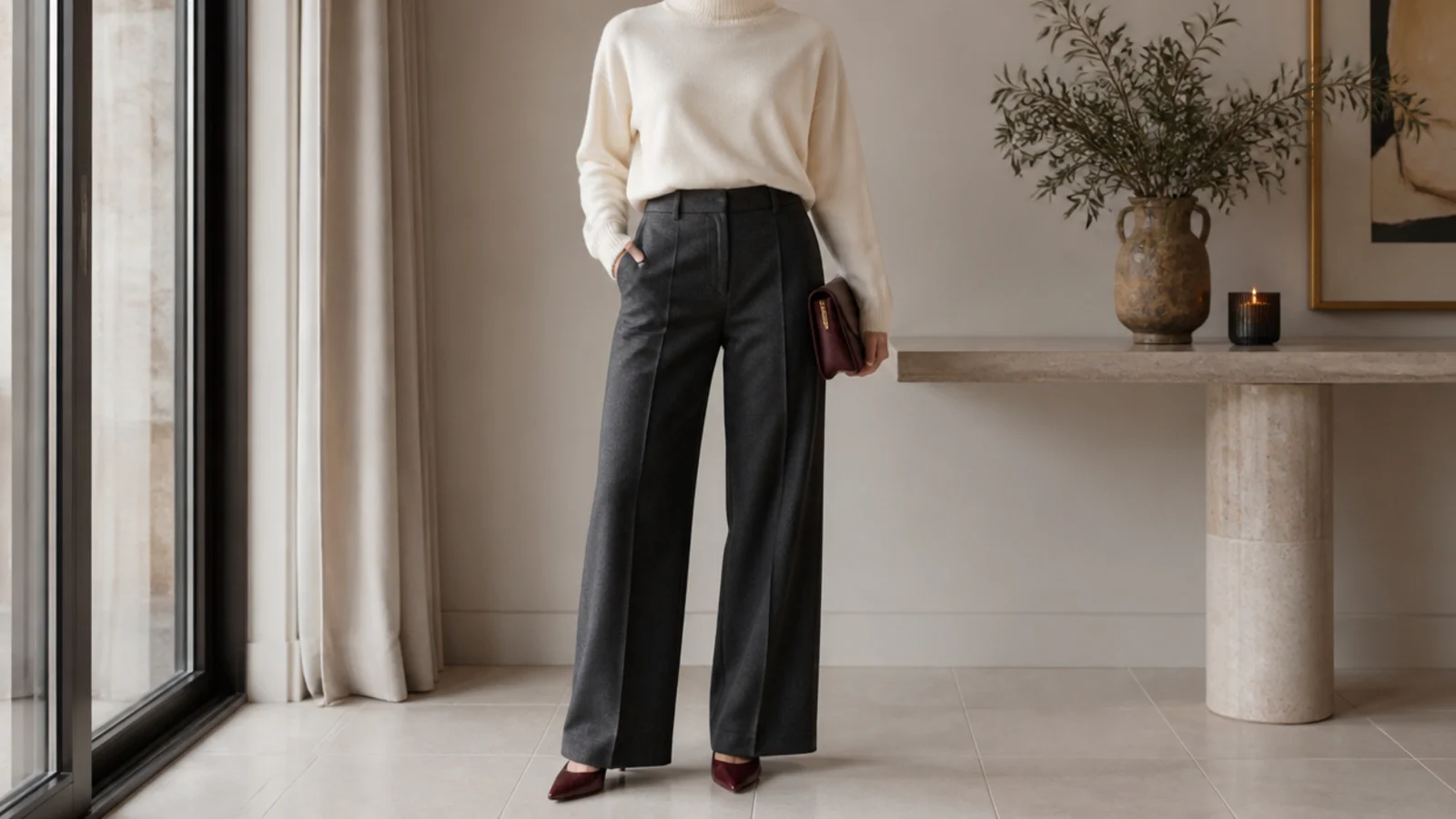 Faceless dinner outfit with a cream cashmere turtleneck tucked into charcoal wool trousers