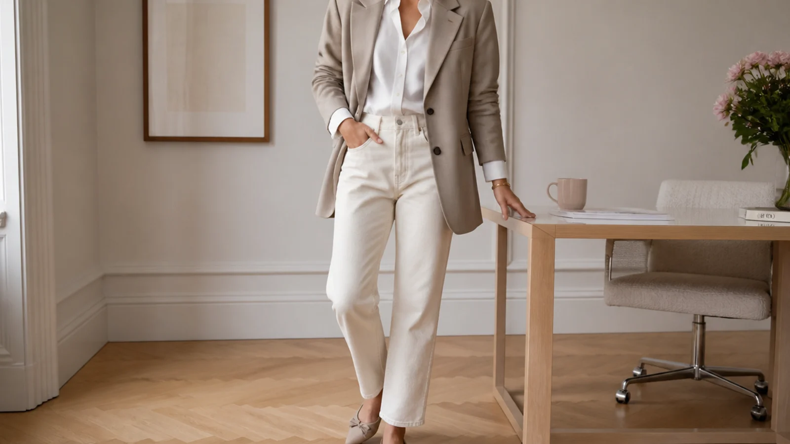 Faceless creative office outfit with a greige wool blazer, crisp white poplin shirt and ecru straight-leg jeans
