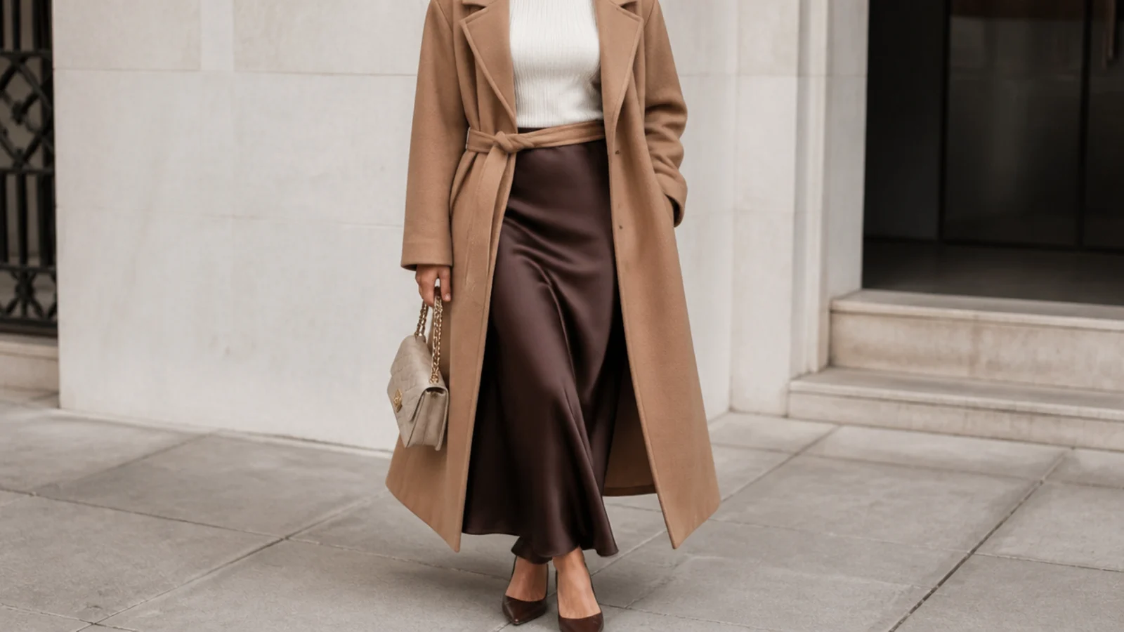 Faceless evening outfit with a camel wool wrap coat over a chocolate satin slip skirt and a cream knit
