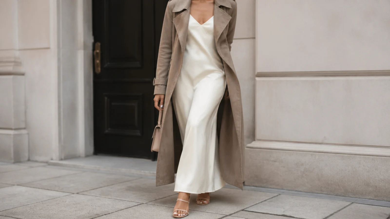 Faceless date-night outfit with an ivory silk slip dress under an open taupe suede trench coat