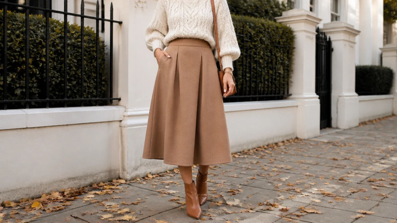 Faceless autumn outfit with an ecru cable-knit sweater tucked into a camel wool A-line midi skirt