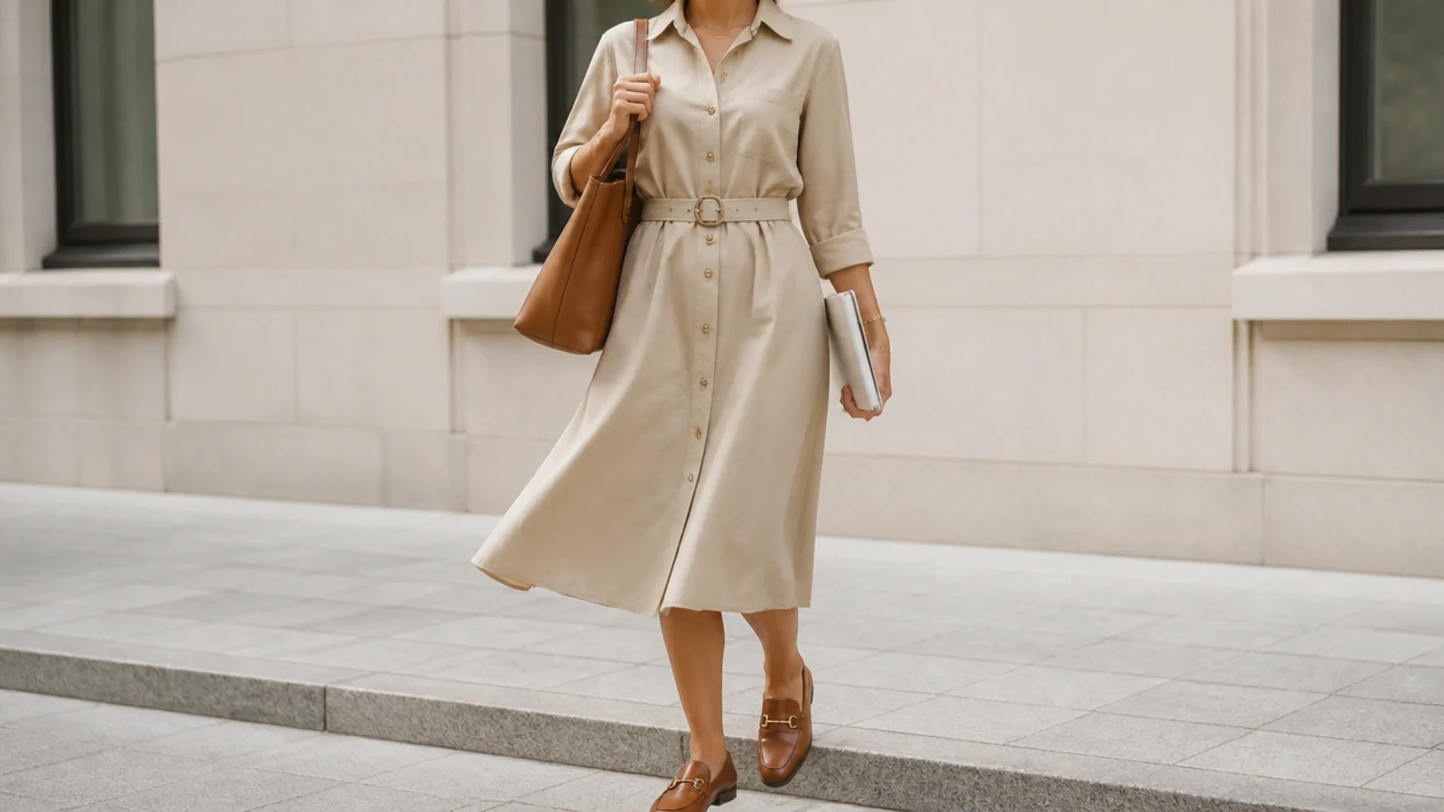 Faceless summer workday outfit with a sand cotton shirt dress belted at the waist and tan leather loafers