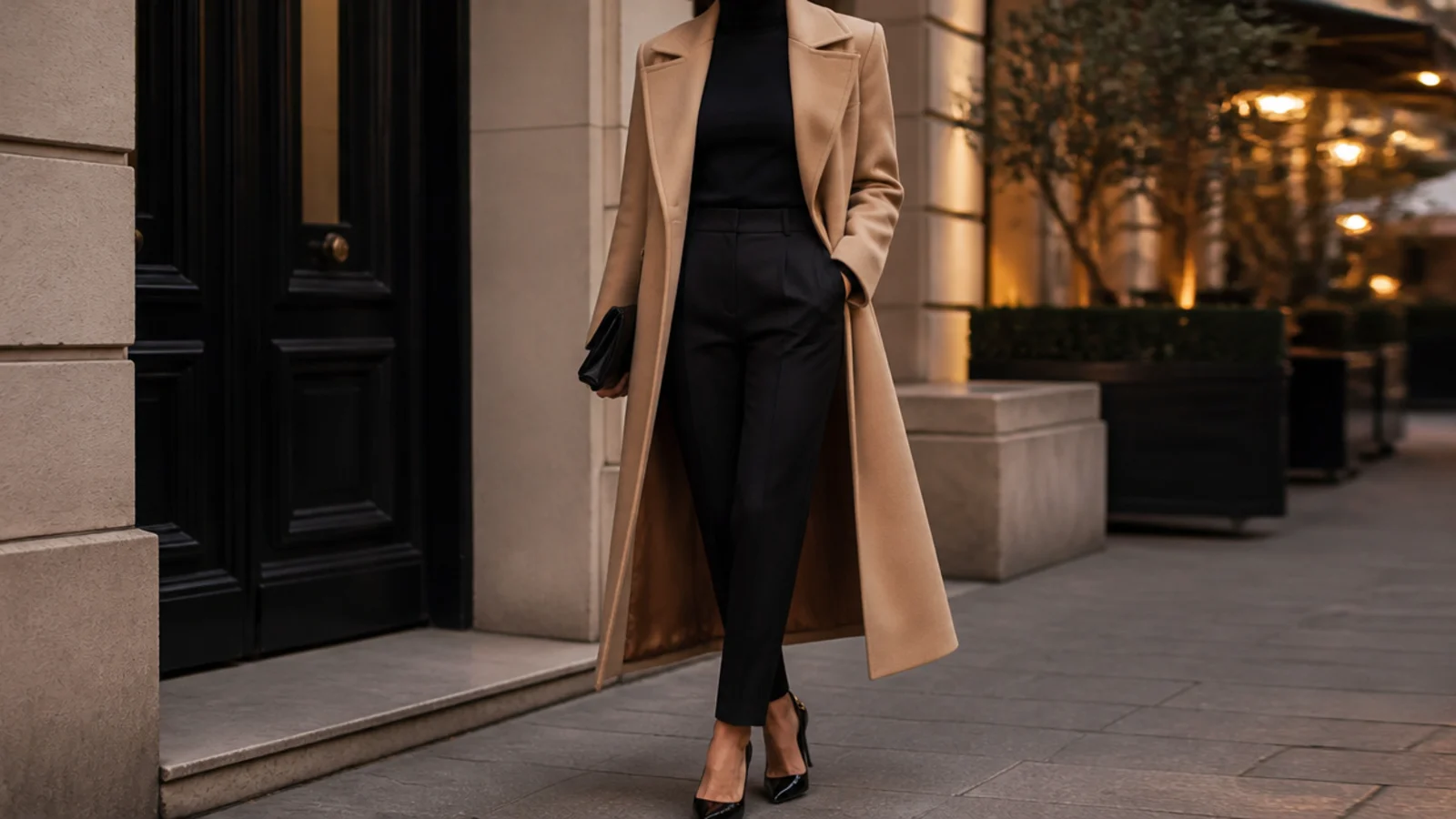 Faceless city dinner outfit with a camel wool coat over a black turtleneck and black tailored trousers