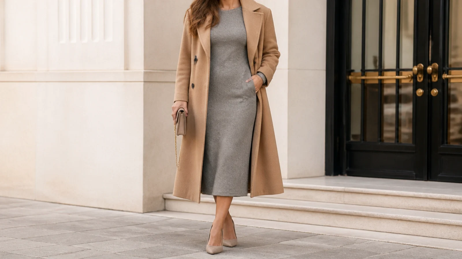 Faceless winter client dinner outfit with a mushroom gray merino midi dress under a camel wool coat
