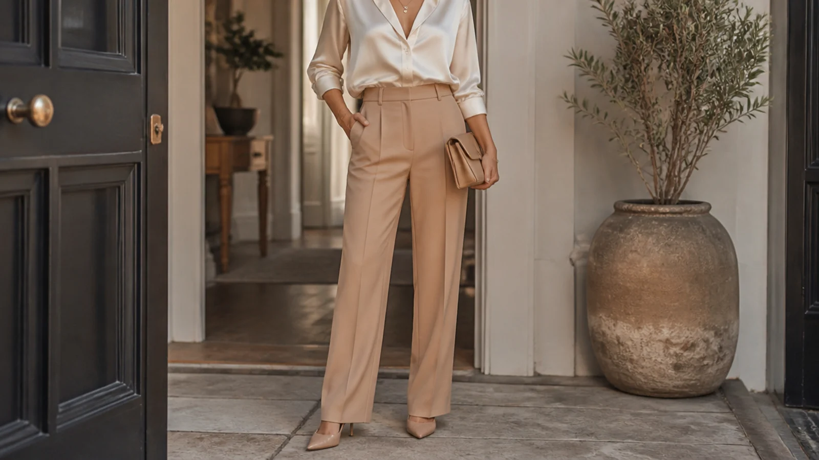 Faceless evening outfit with an ivory satin blouse tucked into camel tailored trousers with gold jewelry