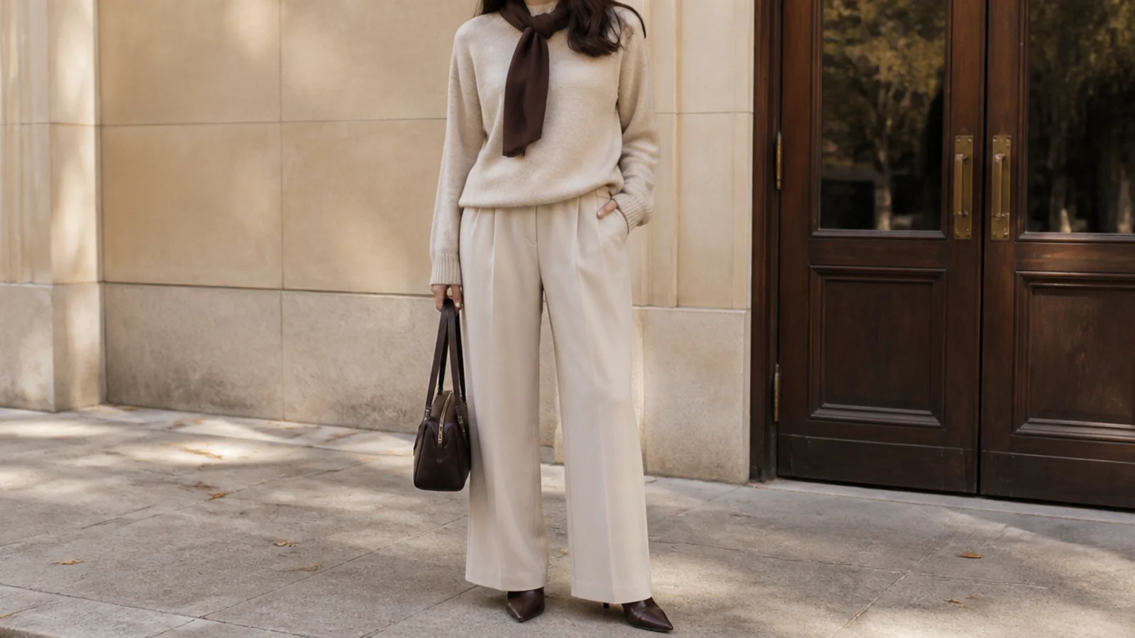 Faceless outfit showing a beige knit worn with a contrasting chocolate scarf at the collarbone