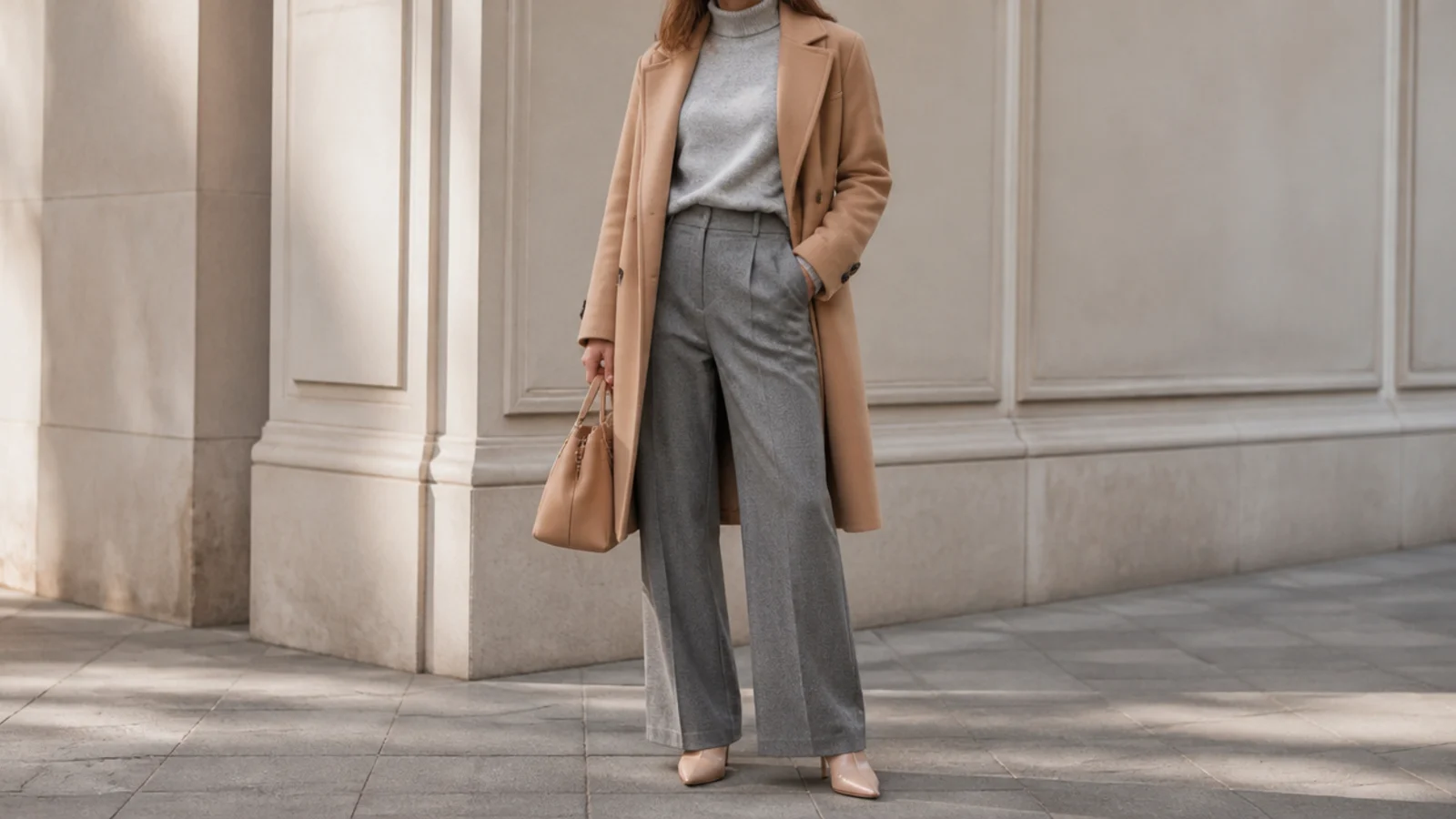 Faceless outfit pairing a warm camel coat with cool gray trousers to show the 70/30 neutral mix