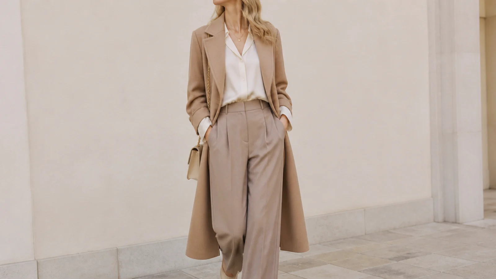 Faceless elegant neutral outfit with a camel coat, ivory silk blouse and taupe wide-leg trousers