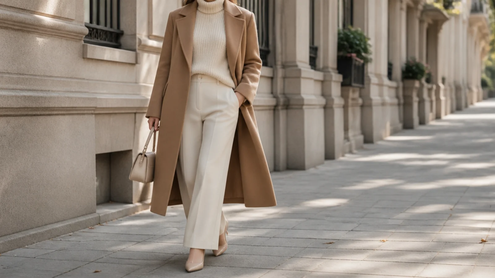 Faceless quiet luxury outfit with a camel coat, cream knit and tailored trousers and no visible logos