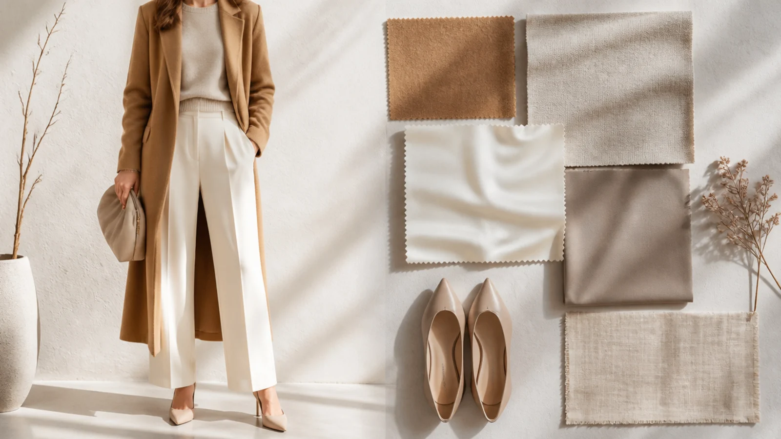 Faceless flat-lay of camel wool, oatmeal cashmere, ecru silk, taupe crepe and sand linen swatches