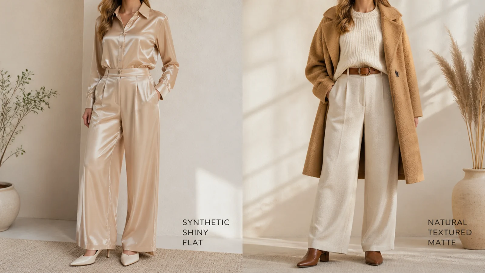 Faceless comparison of a flat shiny synthetic beige outfit beside a textured matte camel and cream outfit