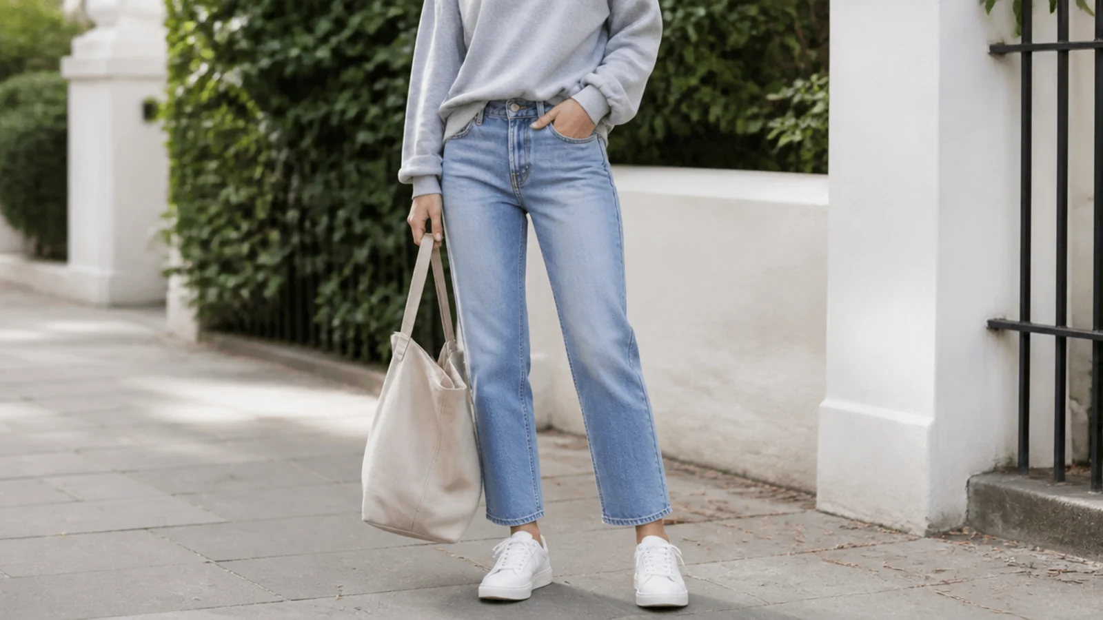 Faceless school run outfit with a gray crewneck sweatshirt, straight-leg jeans and white leather sneakers