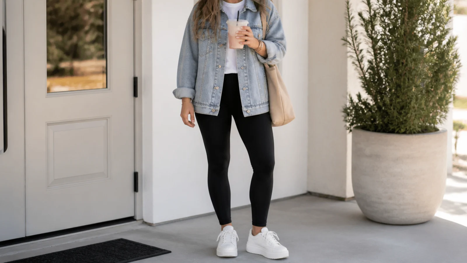 Faceless errand outfit with black leggings, an oversized denim jacket and white platform sneakers
