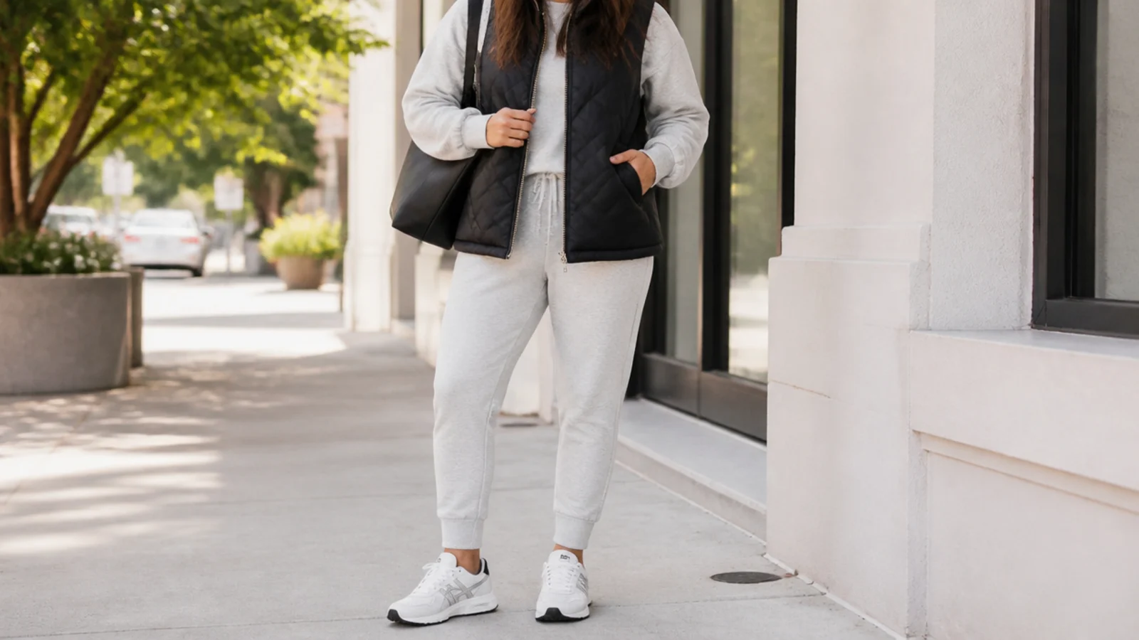 Faceless errand outfit with a black quilted vest, tapered gray joggers and running sneakers