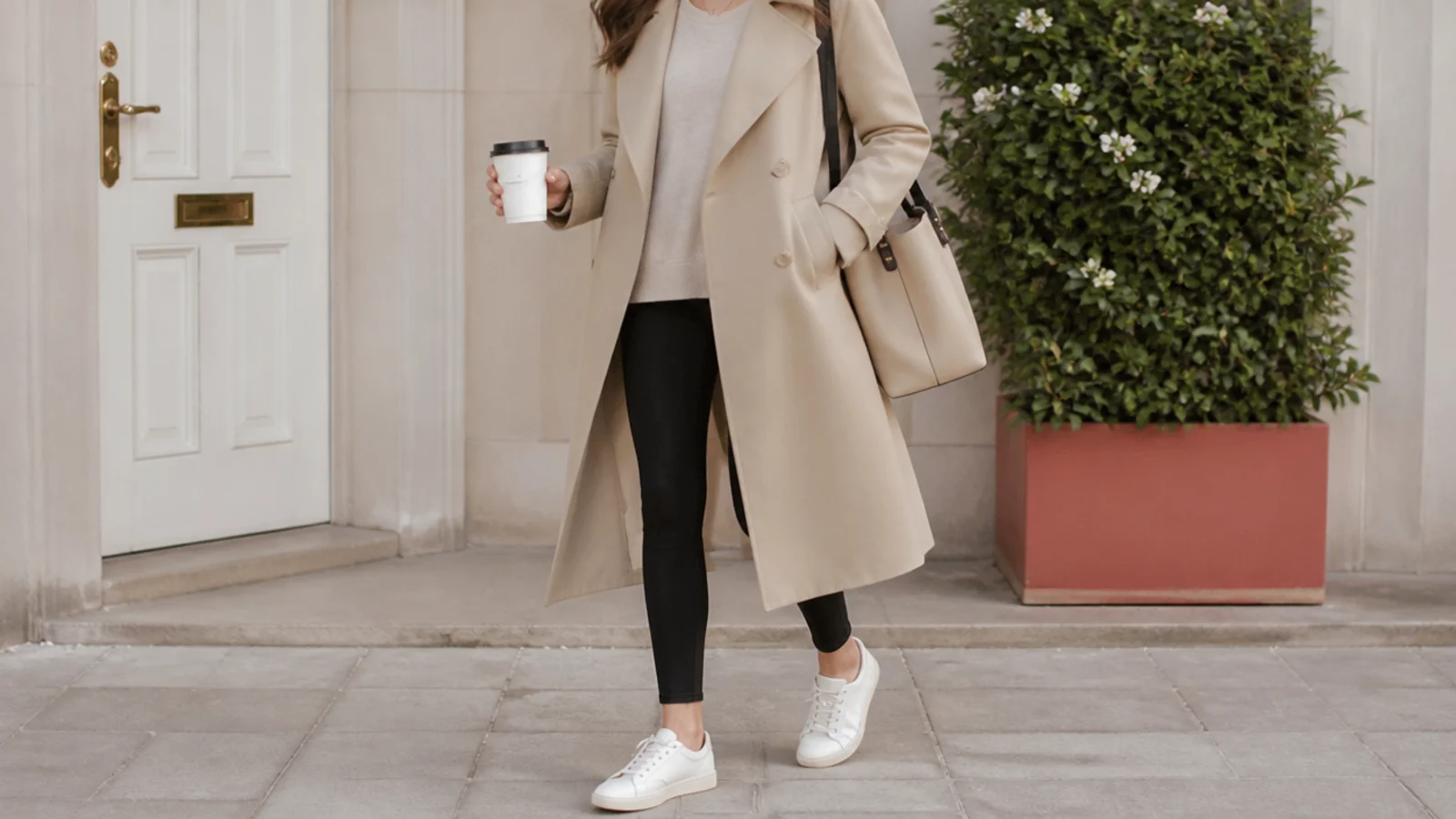 Faceless errand outfit with a beige trench coat, black leggings and low-profile leather sneakers