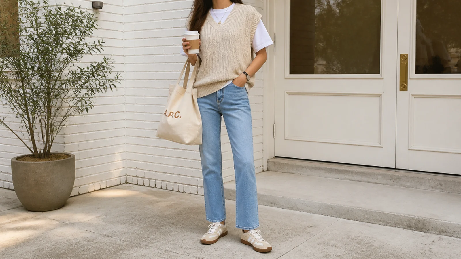 Faceless errand outfit with a beige sweater vest, a white tee, straight jeans and retro runner sneakers