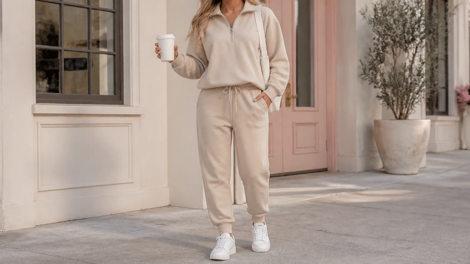 Faceless gym-to-coffee outfit with a beige matching sweatsuit set and clean white sneakers